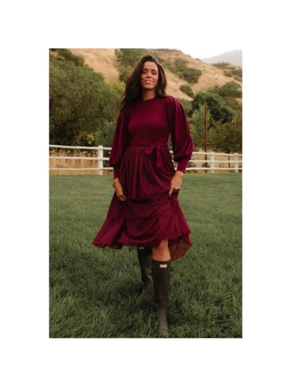 IVY CITY CO Cosette Ribbed Puff Sleeve Tiered Tulle Midi Dress color wine, small